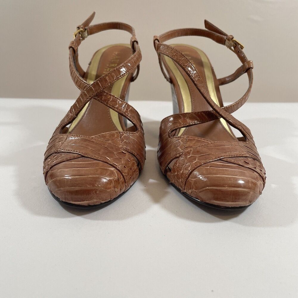 Womens Size 6 Ralph Lauren Brown Slingback Closed Toe Wedge Heel Snakeskin - Picture 3 of 16